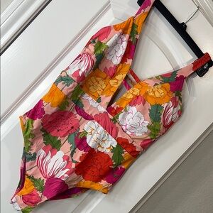 Trina Turk Bloom Pink and Red One Piece Swimsuit with Plunging V-Neckline
